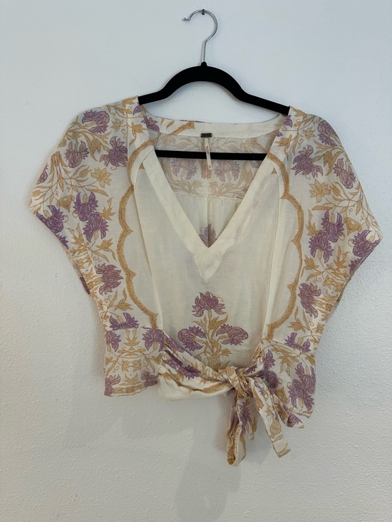 Free People Tops - Free People Arielle Cream Floral Tie-Front Blouse Linen Blend - Size M Boho Chic